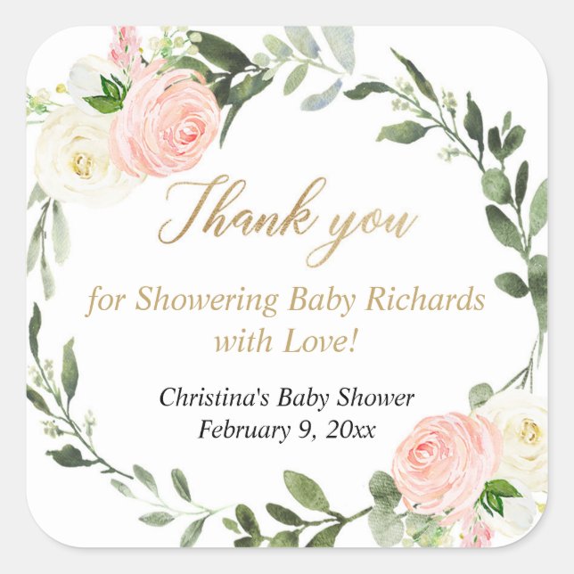 Adesivo Quadrado Folhas verdes rosa flores brancas aquarela elegant (Frente)