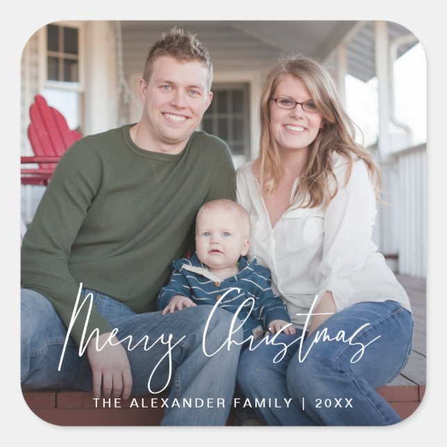 Adesivo Quadrado Folheto de Fotografias com Letra de Natal Feliz (Frente)