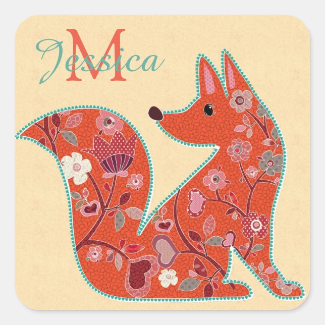 Adesivo Quadrado Folk Art Flower Pattern Fox Personalizado (Frente)