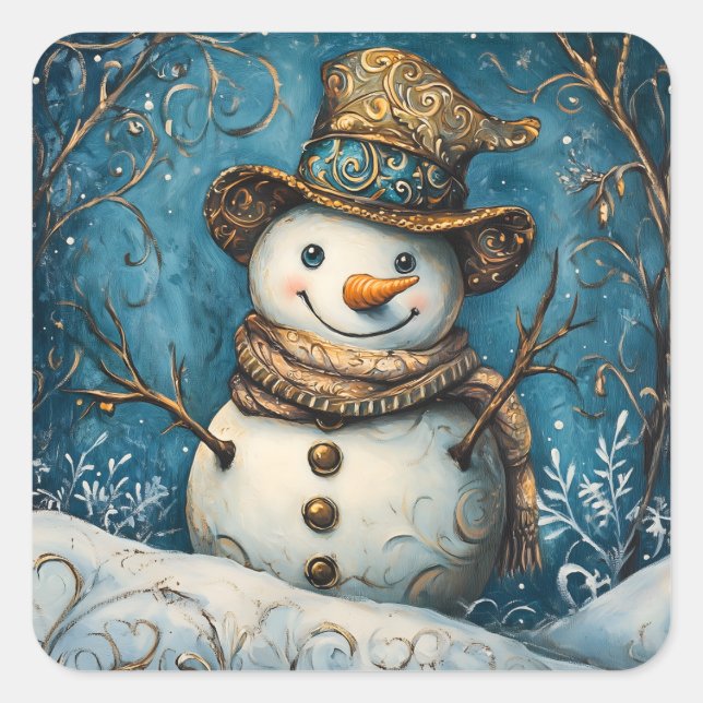 Adesivo Quadrado Folk Art Snowman (Frente)