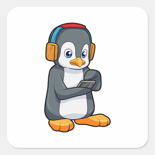 Adesivo Quadrado Fone de ouvido para música pinguim (Frente)