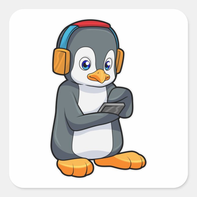 Adesivo Quadrado Fone de ouvido para música pinguim (Frente)