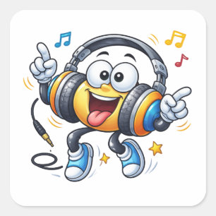 Adesivo Quadrado Fones de Ouvido Felizes Sticker de Música de Desen