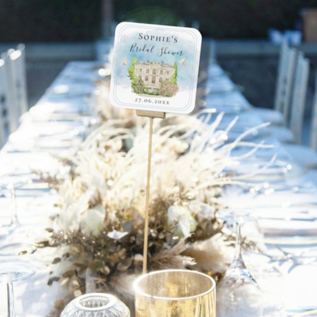 Adesivo Quadrado Fonte de Local Elegante Pombas flores Chá de Noiva (Criador carregado)