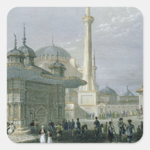 Adesivo Quadrado Fonte e quadrado de St. Sophia, Istambul, engra
