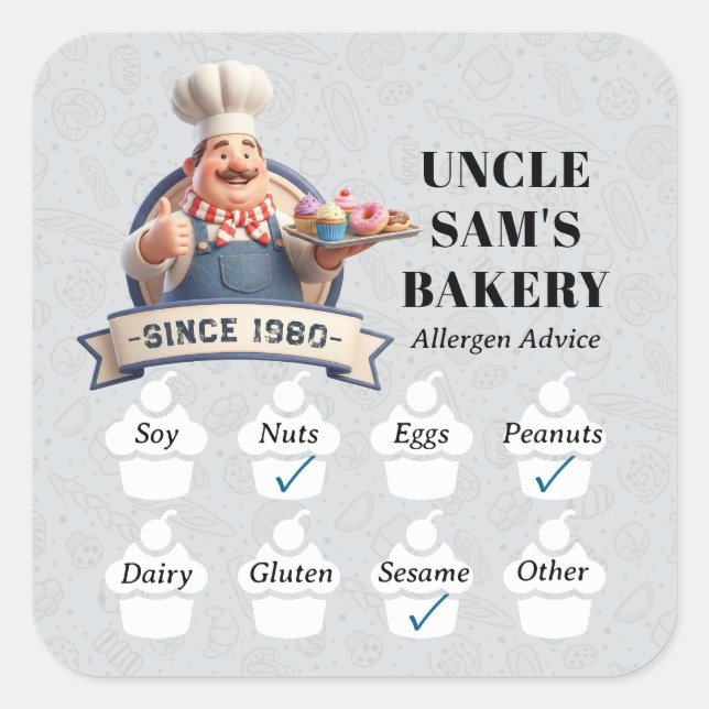Adesivo Quadrado Food Safety Allergy Alert Bakery Store Pastry Chef (Frente)