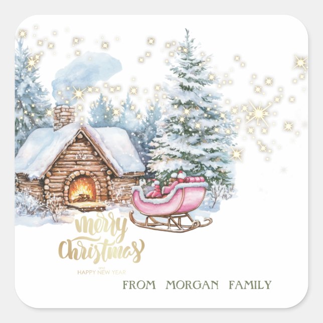 Adesivo Quadrado Forest Snow House Sleigh (Frente)