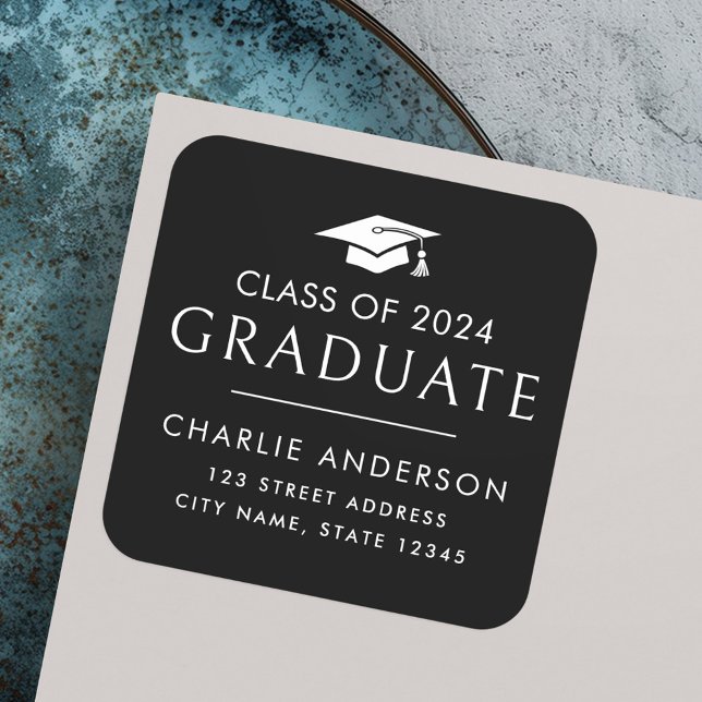 Adesivo Quadrado Formando ano boné de formatura regresso preto (Graduate year graduation cap black return address square sticker)