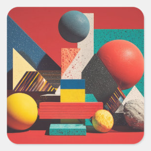 Adesivo Quadrado Formas Geométricas Coloridas em Fundo Vermelho