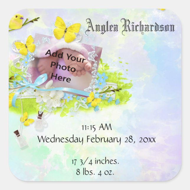 Adesivo Quadrado Foto amarela do pássaro e borboleta (Frente)