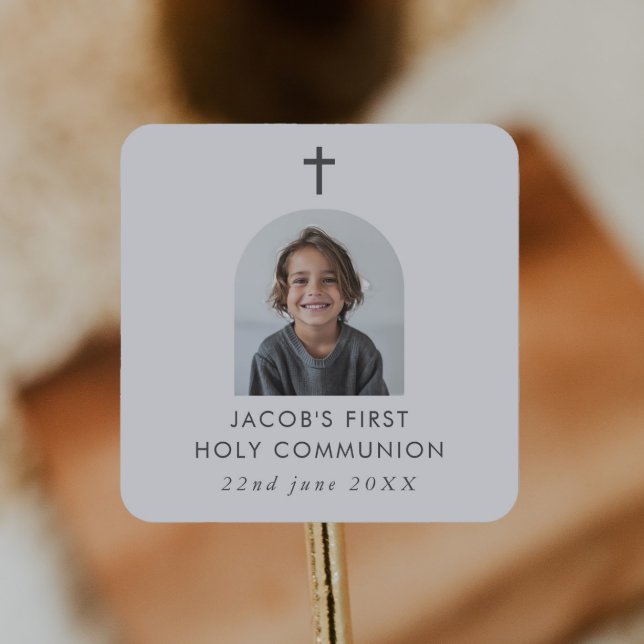 Adesivo Quadrado Foto Archada Primeiro Rapaz Comunitário Obrigado (Zazzle Arched Photo First Communion Boy Thank You Square Sticker)
