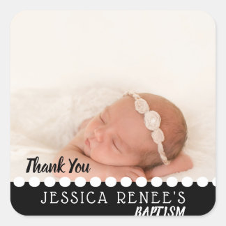 Adesivo Quadrado Foto Bebê Baptismo Obrigado Favor | Preto branco