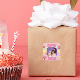 Adesivo Quadrado Foto Colorida da Super Mãe Rosa Corações Coloridos