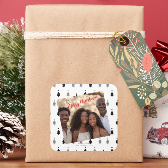 Adesivo Quadrado Foto da família natalícia Black White Modern (Feriado)