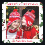 Adesivo Quadrado Foto da família Watercolor Holly Merry Christmas<br><div class="desc">Crie a sua própria foto da família Vestido de Natal/selo de envelope. Adicione sua própria foto,  texto e nome e crie um adesivo de Natal muito pessoal e exclusivo. Você pode adicionar o adesivo na sua correspondência de casamento.</div>