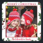 Adesivo Quadrado Foto da família Watercolor Holly Merry Christmas<br><div class="desc">Crie a sua própria foto da família. Adicione sua própria foto,  texto e nome e crie um selo de envelope de Natal muito pessoal e único. Você pode adicionar o adesivo na sua correspondência de casamento.</div>
