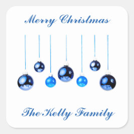 Adesivo Quadrado Foto das bolas de decoração de Natal Azul com text