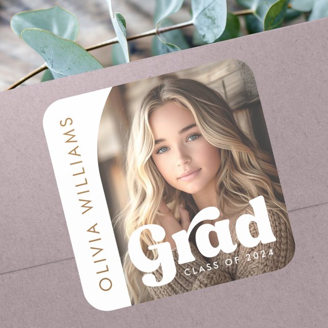 Adesivo Quadrado Foto de arquivo branco retro grad formatura (Arch photo white retro grad graduation square sticker)