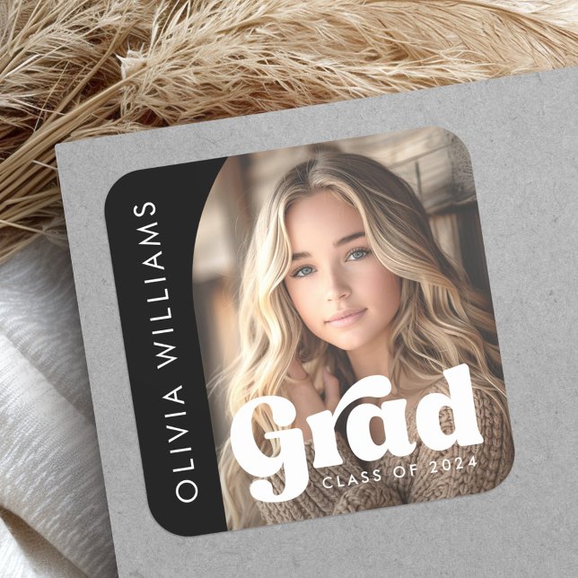 Adesivo Quadrado Foto de arquivo preta retro grad formatura (Arch photo black retro grad graduation square sticker)