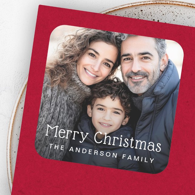 Adesivo Quadrado Foto de boas-vindas de Natal (Merry Christmas greeting photo Square Sticker)