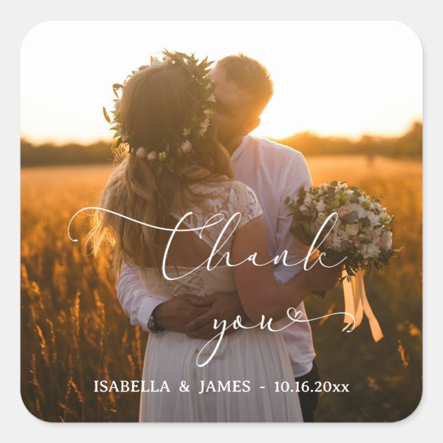 Adesivo Quadrado Foto De Casamento Da Caligrafia Elegante Obrigado (Frente)