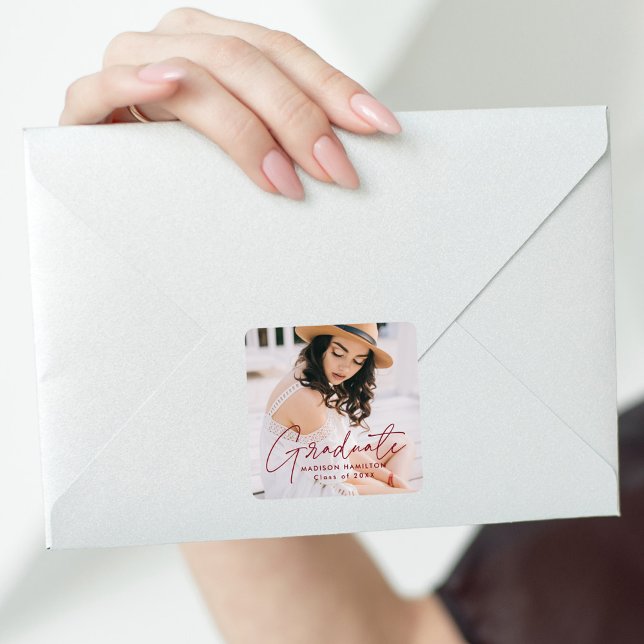 Adesivo Quadrado Foto de Graduação de Script Moderno Burgundy (Criador carregado)