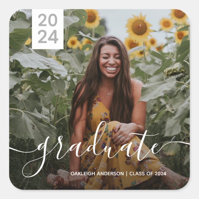 Adesivo Quadrado Foto de Graduação de Script Simples (Frente)