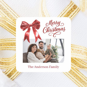 Adesivo Quadrado Foto de laço vermelho Natal branco