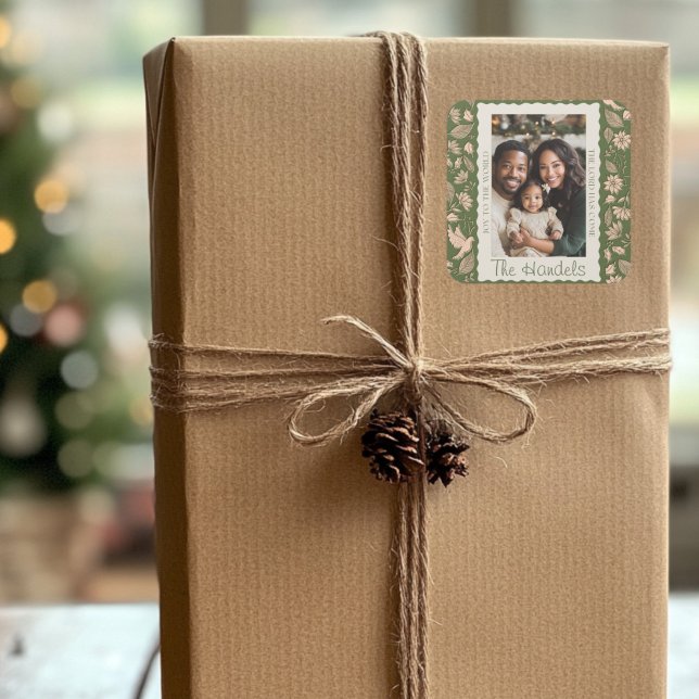 Adesivo Quadrado Foto de Natal do Green and Beige Folk (Green and Beige Folk Art Christmas Square Sticker)