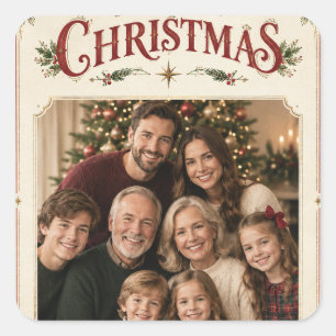 Adesivo Quadrado Foto de Natal Elegante Vintage, estilo Moldura Ret
