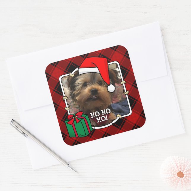 Adesivo Quadrado Foto de Natal Personalizada - Xadrez Vermelha e Pr (Envelope)