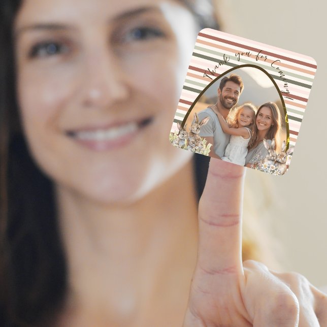 Adesivo Quadrado Foto de Primavera com ranhura de Bunny Strike (Watercolor Bunny Striped Spring Photo Square Sticker)