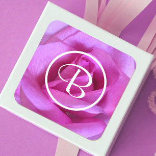 Adesivo Quadrado Foto de rosa roxa rosa monograma script chic