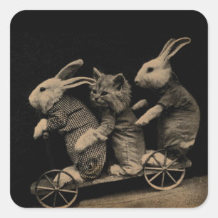 Adesivo Quadrado Foto de Vintage Kitten e Bunny Funny
