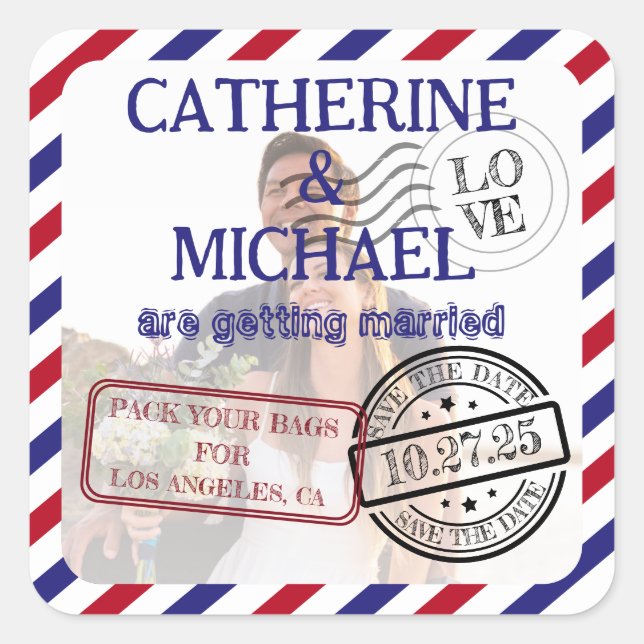 Adesivo Quadrado Foto do Airmail Salvar a Data Casamento (Frente)