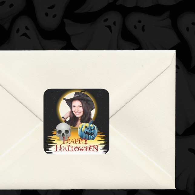 Adesivo Quadrado Foto do Halloween - Caveira e Jack o' Lanterna (Halloween Photo Frame Skull and Jack o' Lantern Square Sticker)