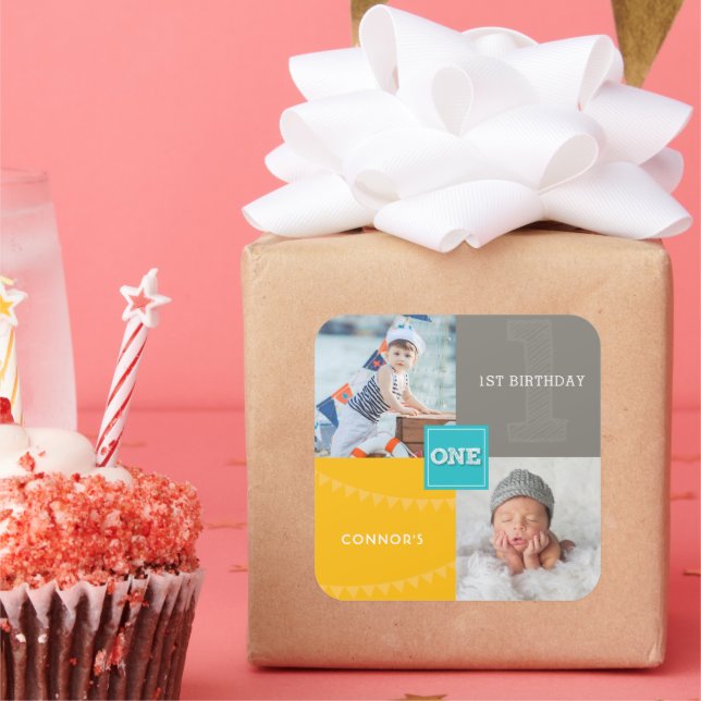 Adesivo Quadrado Foto do primeiro aniversario Blue Square One Baby  (Festa)