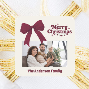 Adesivo Quadrado Foto do retrato de arco bege preto Feliz Natal