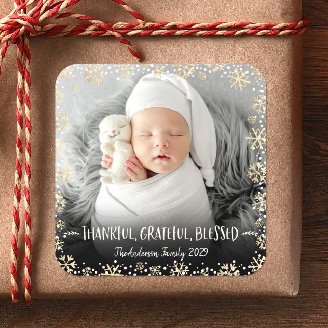 Adesivo Quadrado Foto Grata, Feliz Floco de Neve Dourado (Criador carregado)