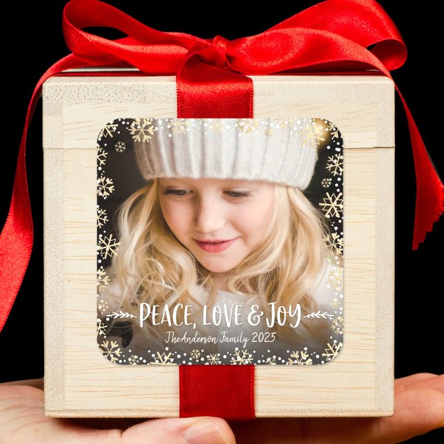 Adesivo Quadrado Foto: Joy Peace Love Elegante Dourado Snowflake Pe (Criador carregado)