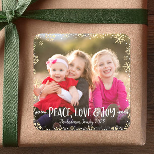 Adesivo Quadrado Foto Paz Amor Joy Dourado Snowflake Personalizado
