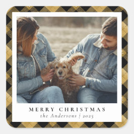 Adesivo Quadrado Foto Personalizada de Natal Dourada Elegante Feliz