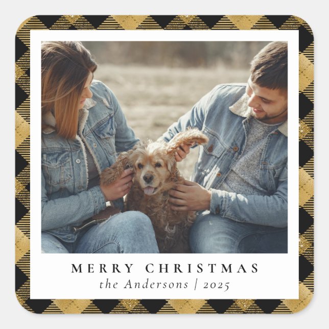 Adesivo Quadrado Foto Personalizada de Natal Dourada Elegante Feliz (Frente)