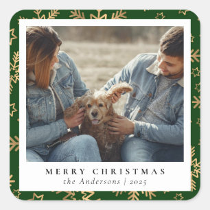 Adesivo Quadrado Foto Personalizada de Natal Feliz e Dourado Verde