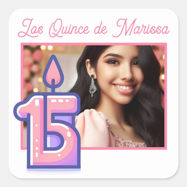 Adesivo Quadrado Foto personalizada e nome 15 Birthday Quinceañera (Frente)