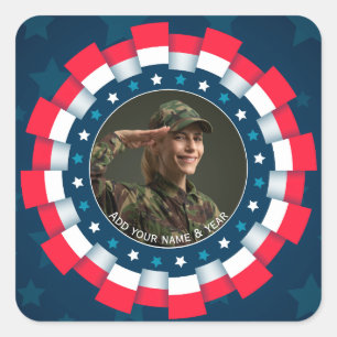 Adesivo Quadrado Foto Personalizada EUA Militar, Borda de Fita Patr