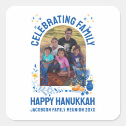 Adesivo Quadrado Foto personalizável de REUNIÃO DA FAMÍLIA HANUKKAH