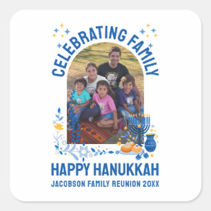 Adesivo Quadrado Foto personalizável de REUNIÃO DA FAMÍLIA HANUKKAH