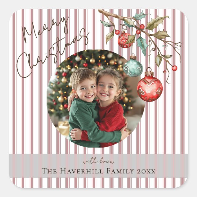 Adesivo Quadrado Foto rosa Stripes e ornamentos Felizes Natal (Frente)