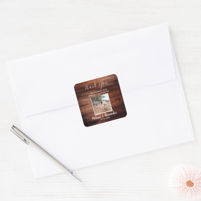 Adesivo Quadrado Foto rustic barn wood Casamento Obrigado (Envelope)